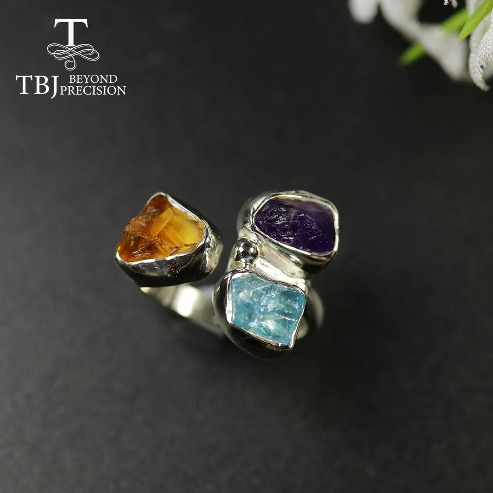 Unique Handmade Rough Natural Amethyst Citrine Apatite Gemstone Ring