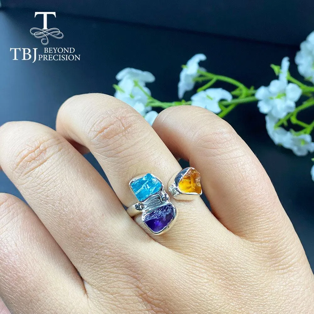 Unique Handmade Rough Natural Amethyst Citrine Apatite Gemstone Ring