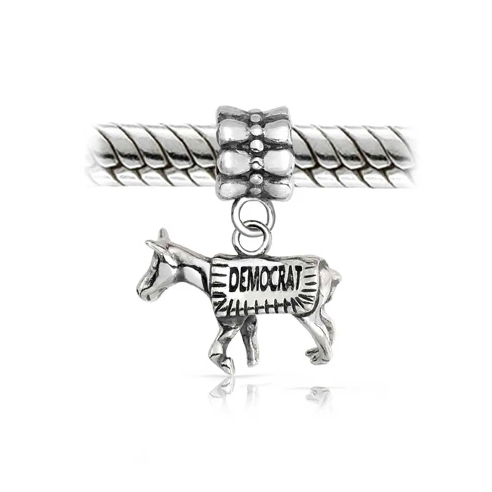 USA Patriotic Democrat Donkey Dangle Charm Bead Sterling Silver for Bracelets