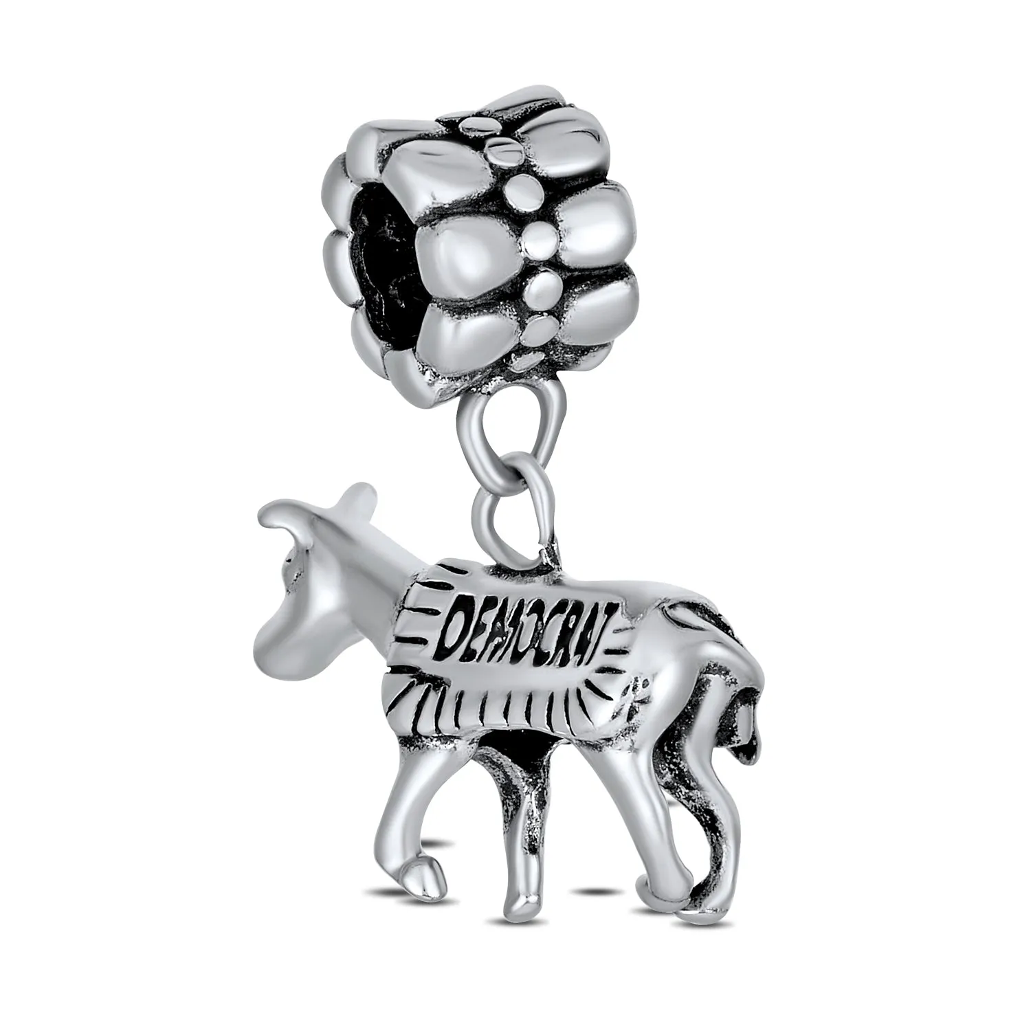 USA Patriotic Democrat Donkey Dangle Charm Bead Sterling Silver for Bracelets