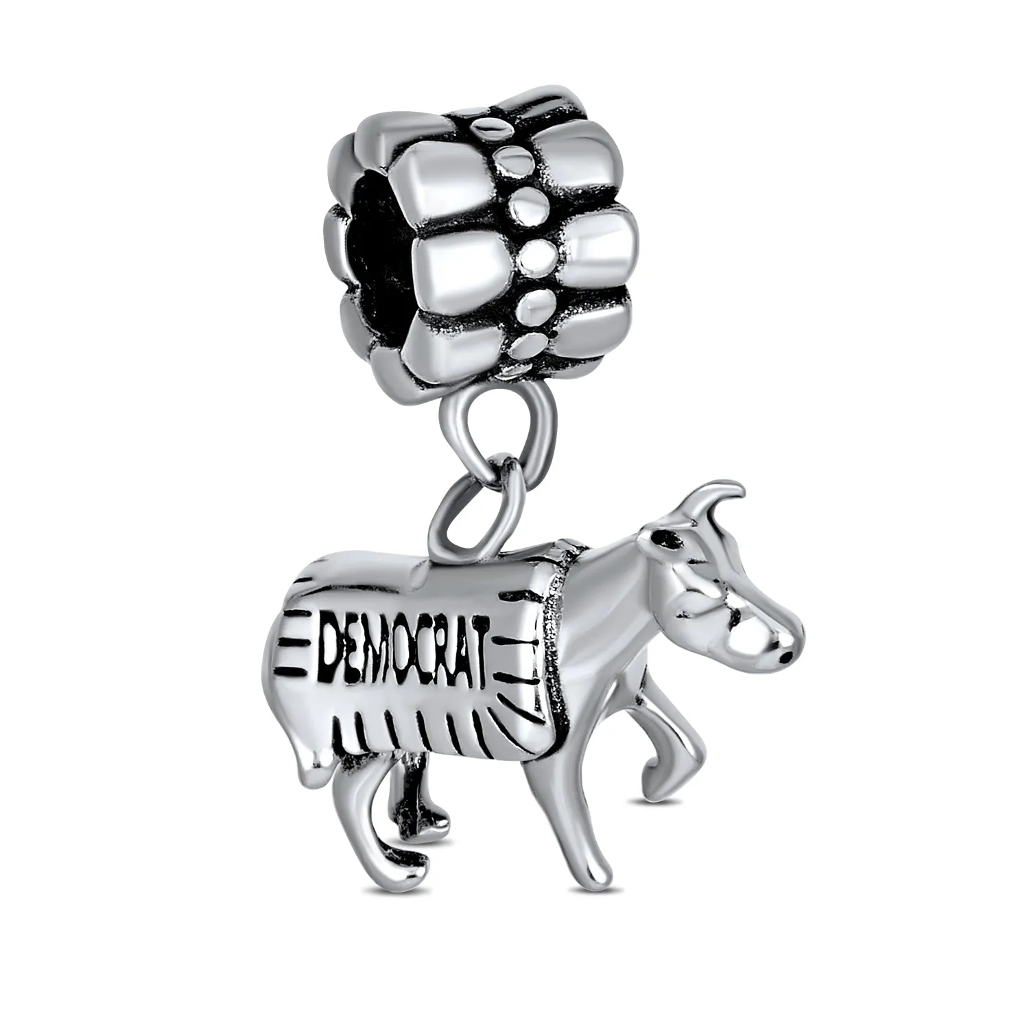 USA Patriotic Democrat Donkey Dangle Charm Bead Sterling Silver for Bracelets
