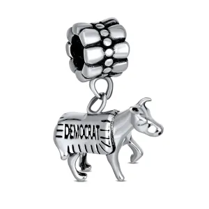 USA Patriotic Democrat Donkey Dangle Charm Bead Sterling Silver for Bracelets