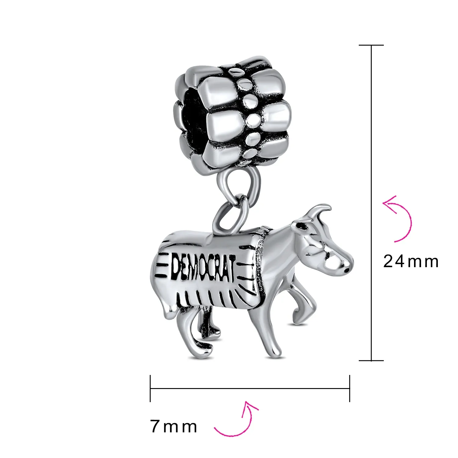 USA Patriotic Democrat Donkey Dangle Charm Bead Sterling Silver for Bracelets