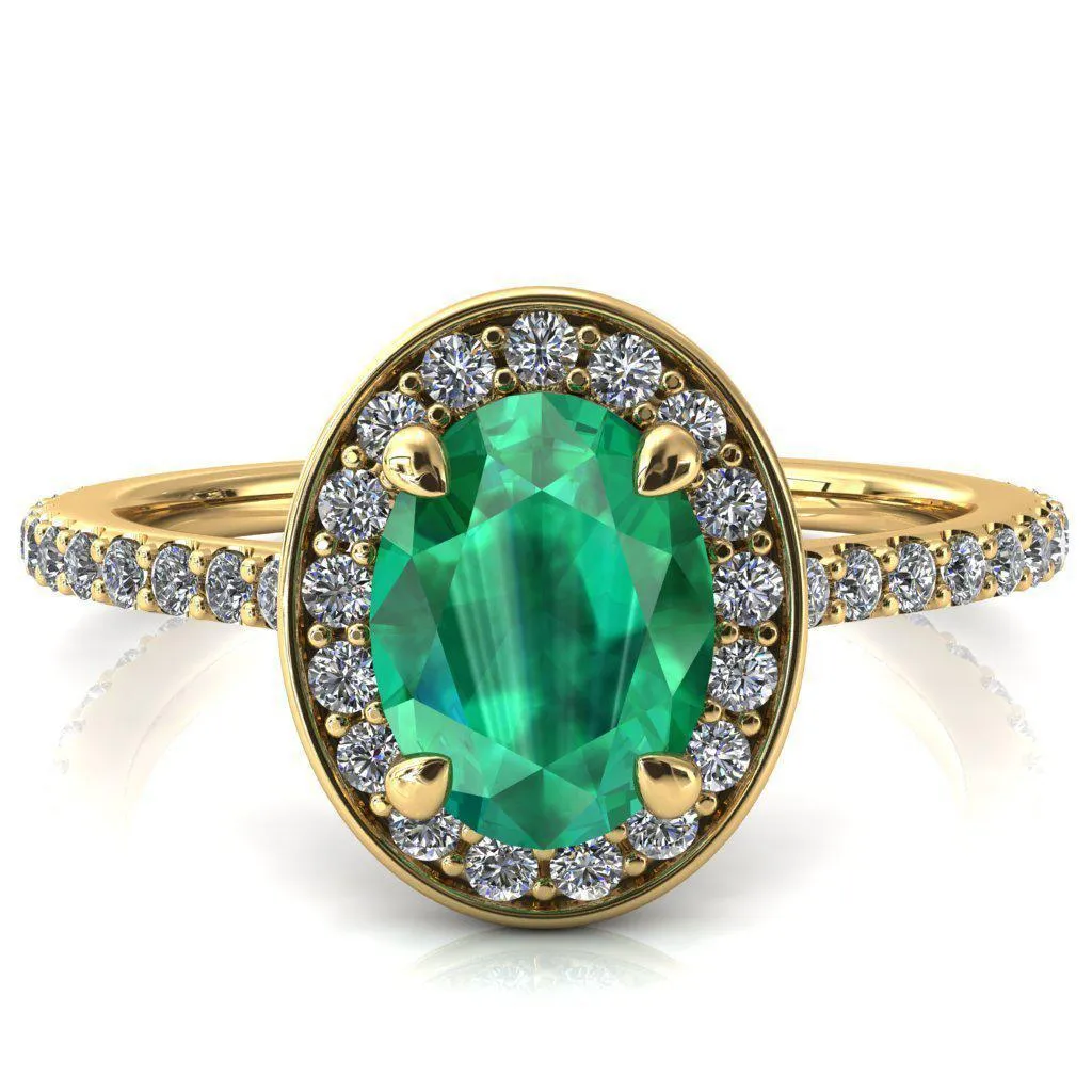 Valma Oval Emerald Floating Diamond Halo and Sides Ring