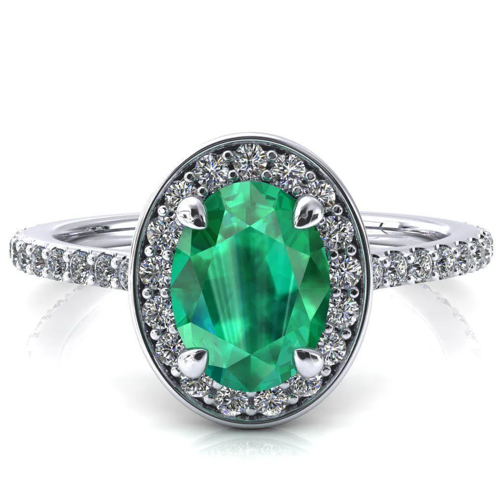 Valma Oval Emerald Floating Diamond Halo and Sides Ring