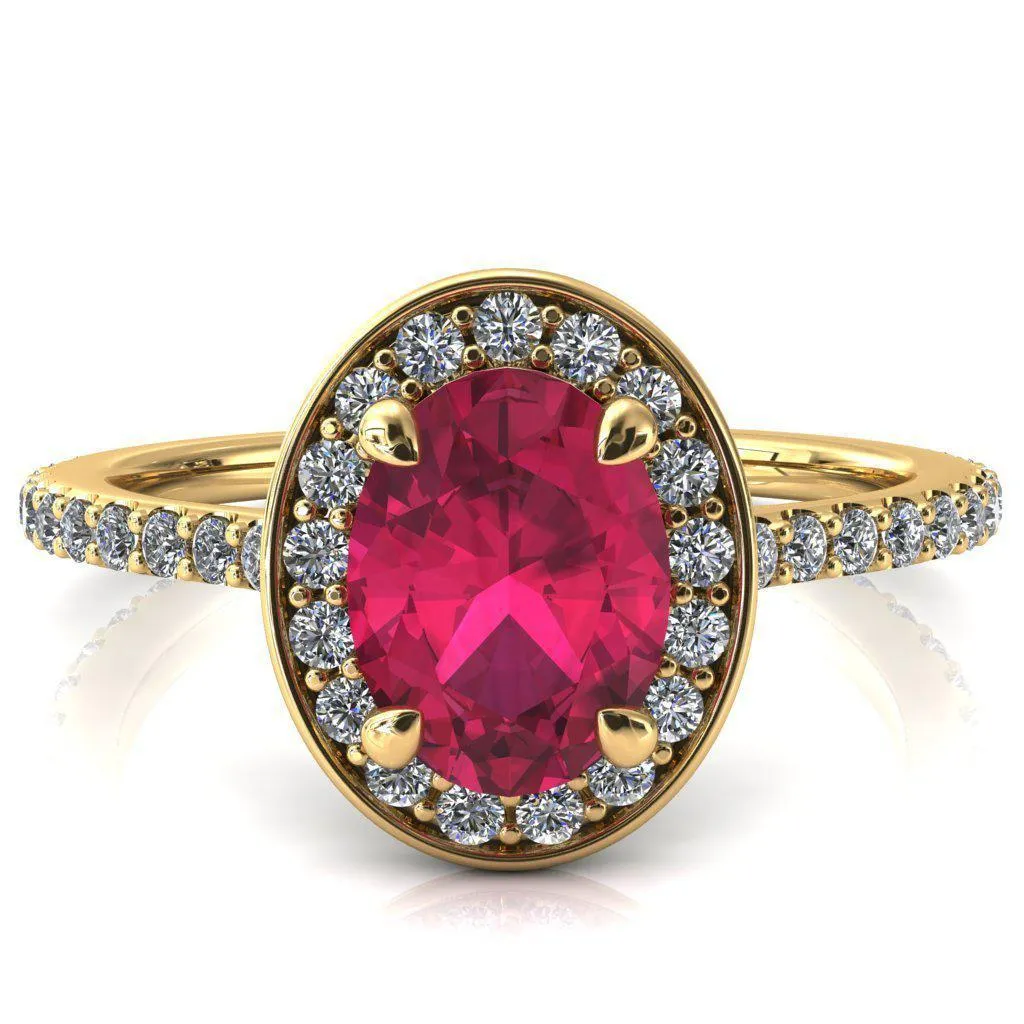 Valma Oval Ruby Floating Diamond Halo and Sides Ring