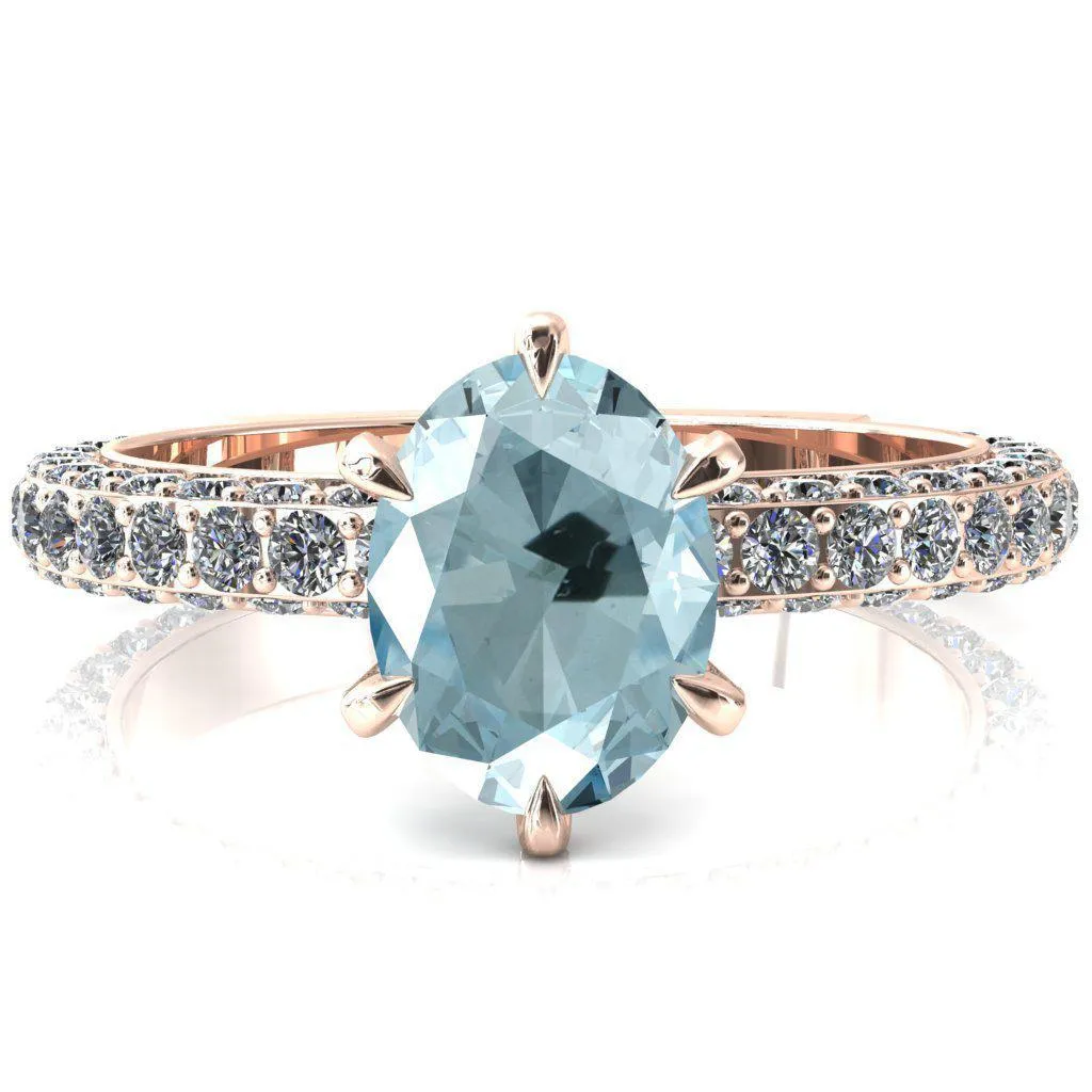 Vanessa Oval Aqua Blue Spinel 6 Claw Prongs 3/4 Pavé Eternity Engagement Ring