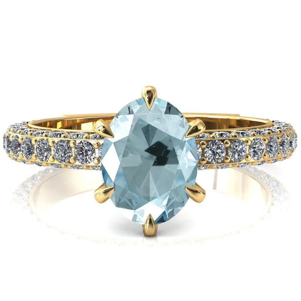 Vanessa Oval Aqua Blue Spinel 6 Claw Prongs 3/4 Pavé Eternity Engagement Ring