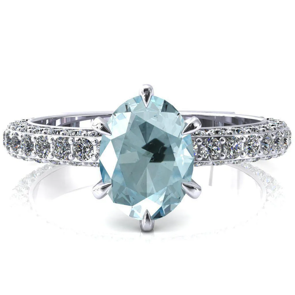 Vanessa Oval Aqua Blue Spinel 6 Claw Prongs 3/4 Pavé Eternity Engagement Ring