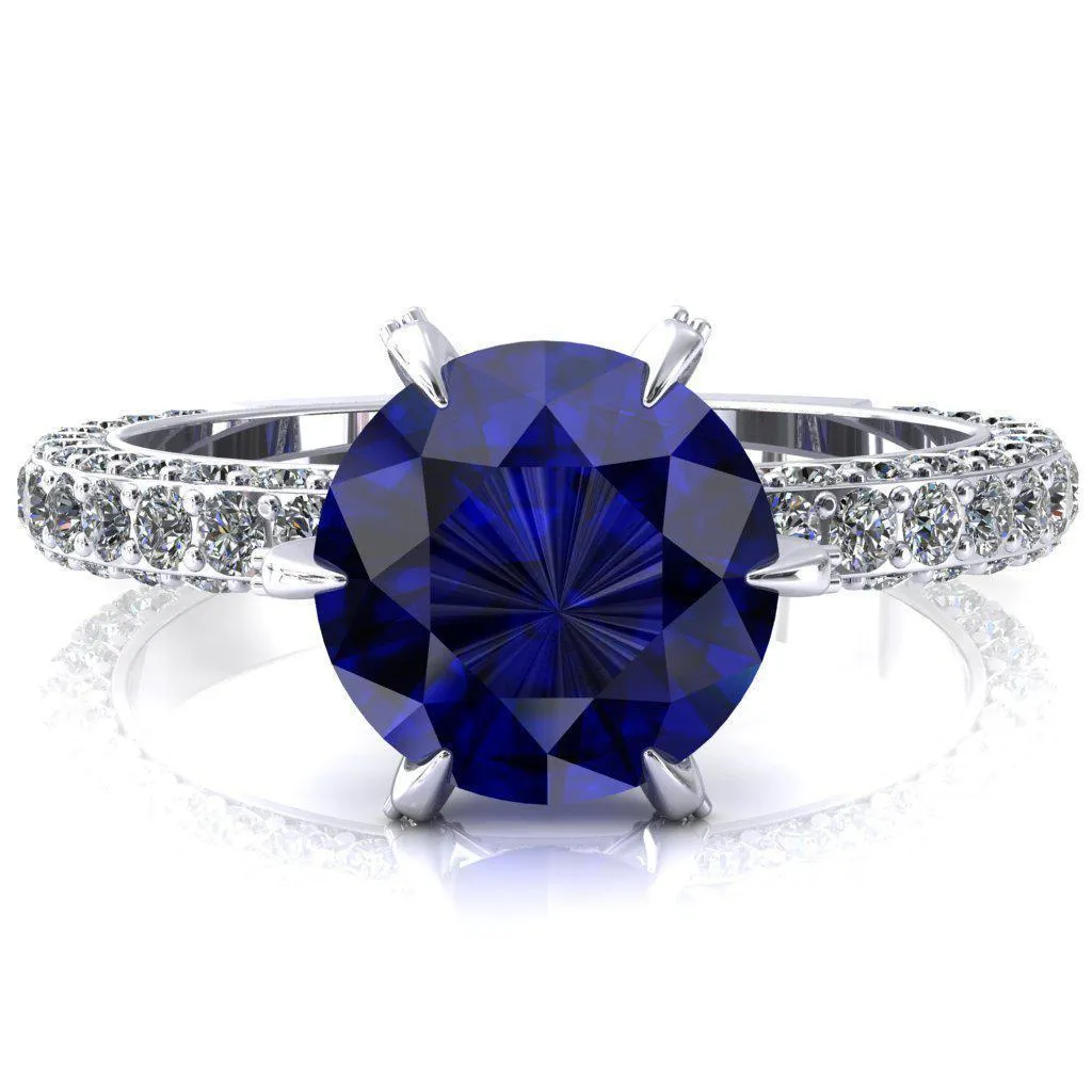 Vanessa Round Blue Sapphire 6 Claw Prongs 3/4 Pavé Eternity Engagement Ring
