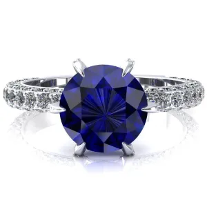 Vanessa Round Blue Sapphire 6 Claw Prongs 3/4 Pavé Eternity Engagement Ring
