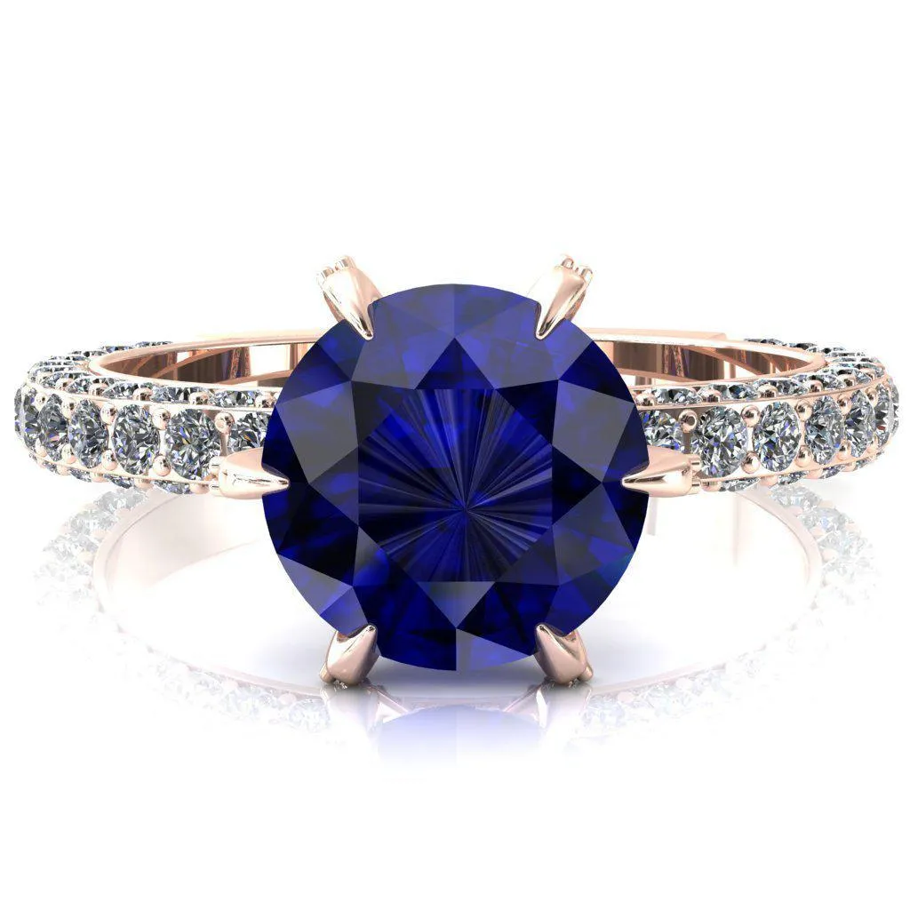 Vanessa Round Blue Sapphire 6 Claw Prongs 3/4 Pavé Eternity Engagement Ring