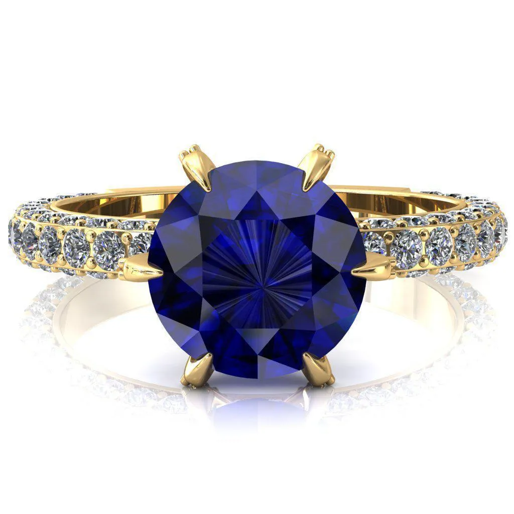 Vanessa Round Blue Sapphire 6 Claw Prongs 3/4 Pavé Eternity Engagement Ring