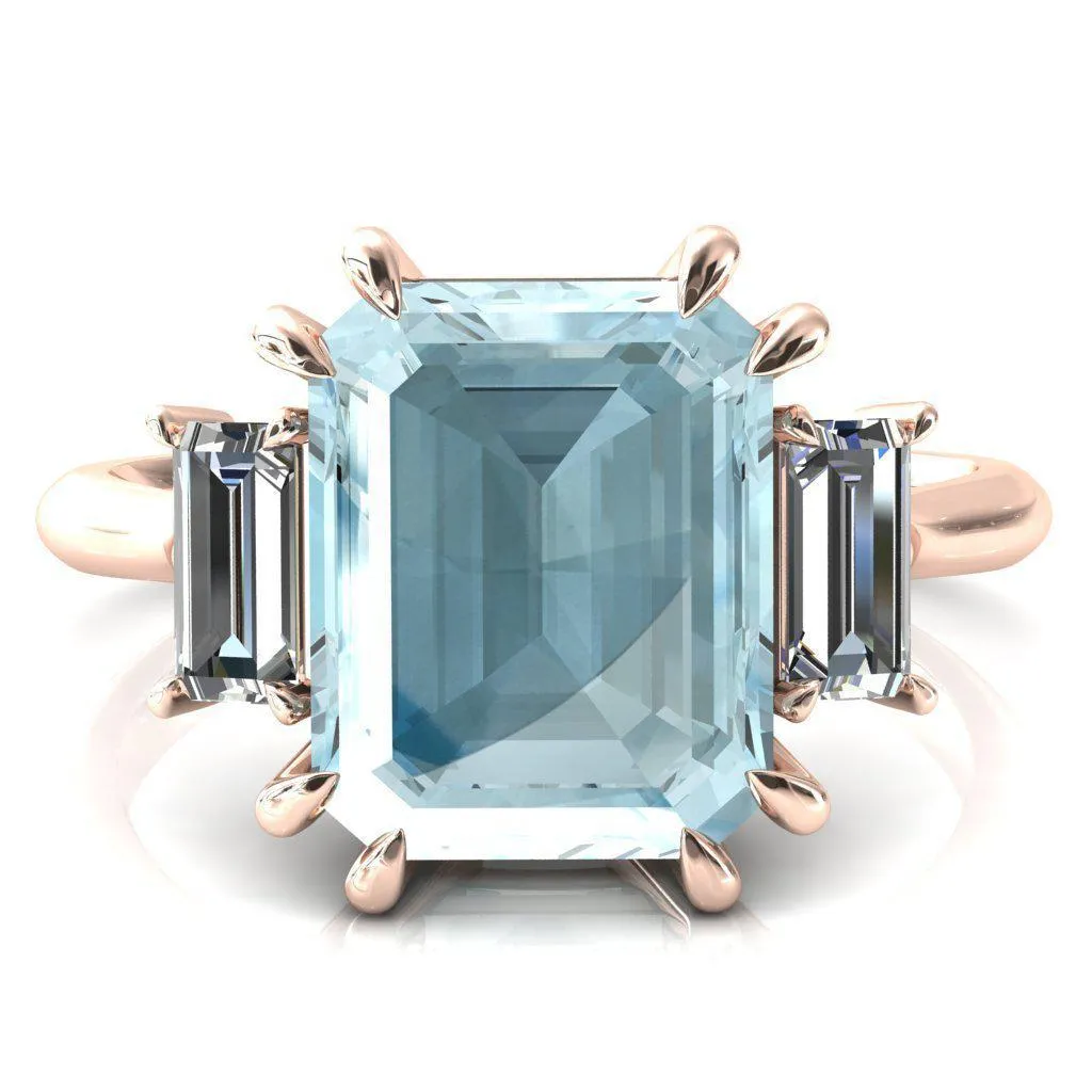 Venice Emerald Aqua Blue Spinel with Diamond Baguette 3 Stone Ring