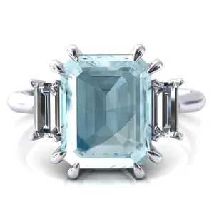 Venice Emerald Aqua Blue Spinel with Diamond Baguette 3 Stone Ring