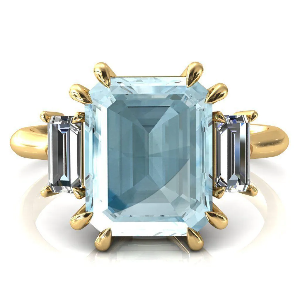 Venice Emerald Aqua Blue Spinel with Diamond Baguette 3 Stone Ring