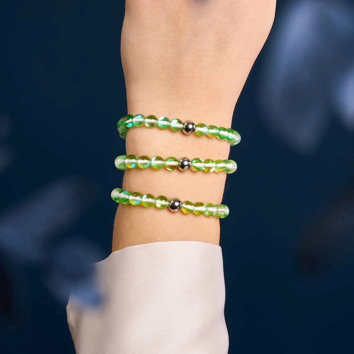 Verdant Moon | Silver | Galaxy Glass Macrame Bead Bracelet