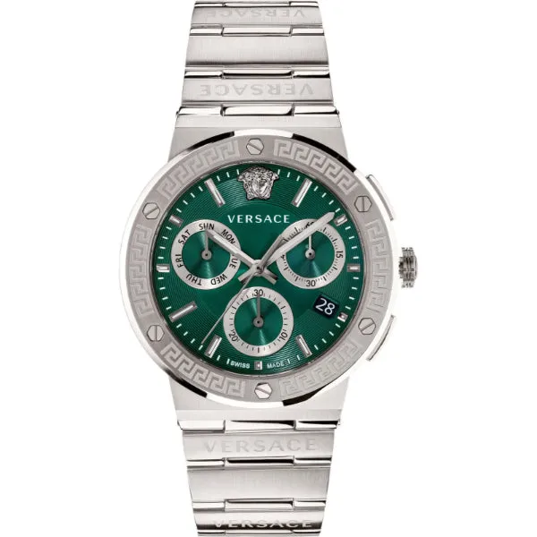 Versace Grace Logo Silver Stainless Steel Green Dial Chronograph Quartz Watch for Gents - VEZ900121