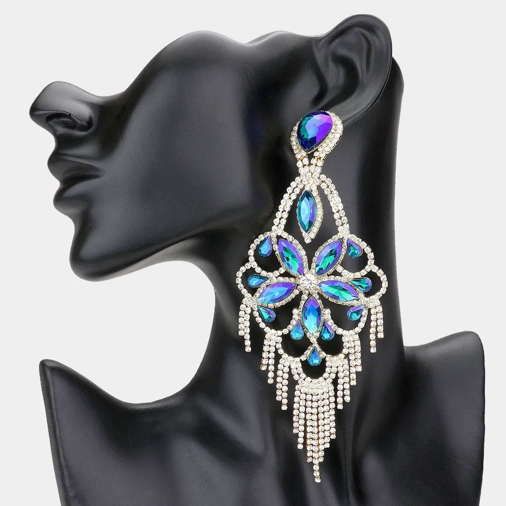 Very Large Light Weight Blue AB Crystal Flower Fringe Earrings | 562785