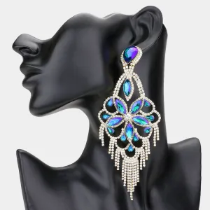 Very Large Light Weight Blue AB Crystal Flower Fringe Earrings | 562785