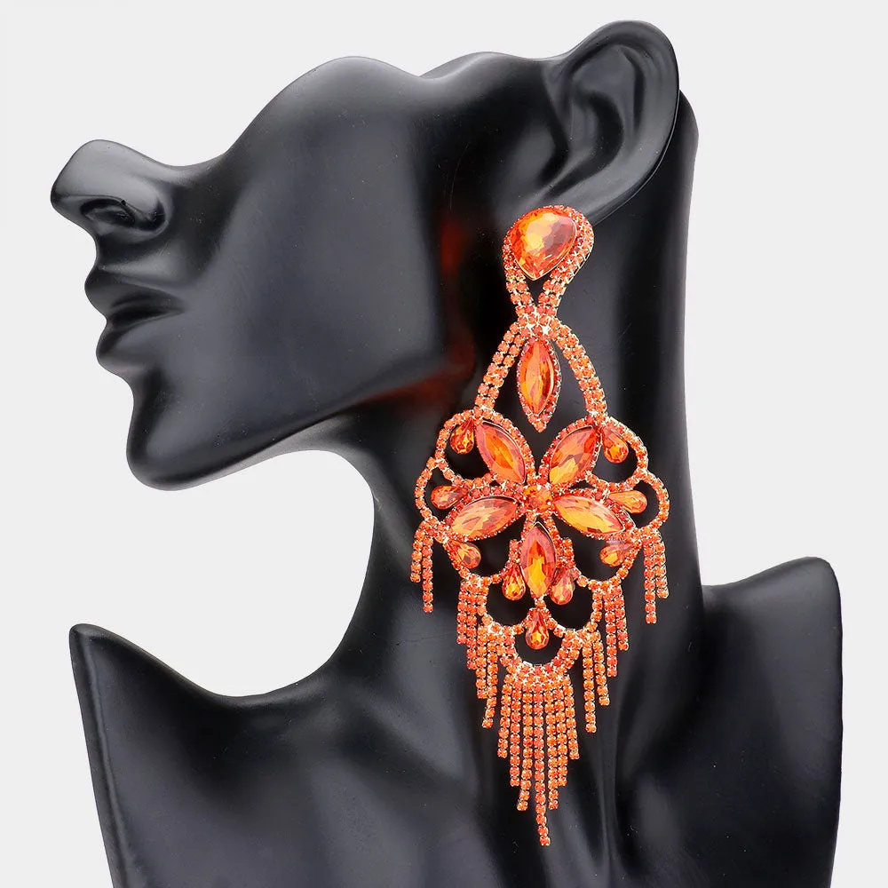 Very Large Light Weight Orange Crystal Flower Fringe Earrings | 610653