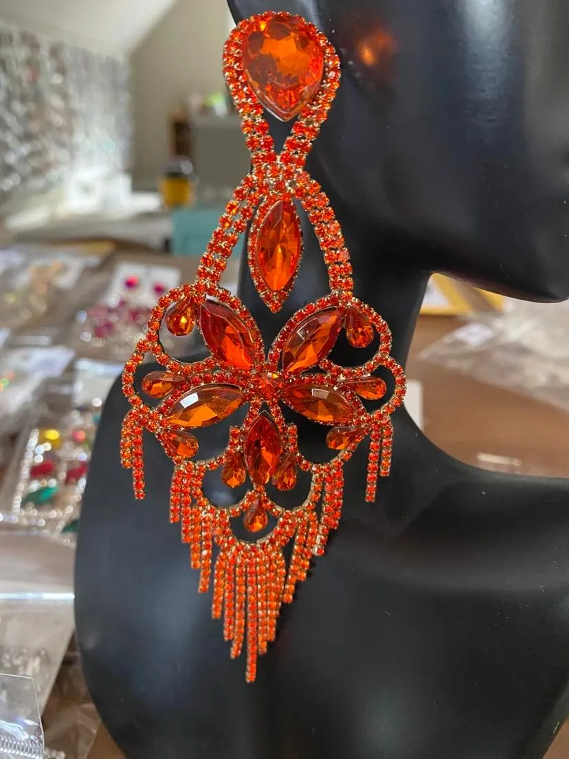 Very Large Light Weight Orange Crystal Flower Fringe Earrings | 610653