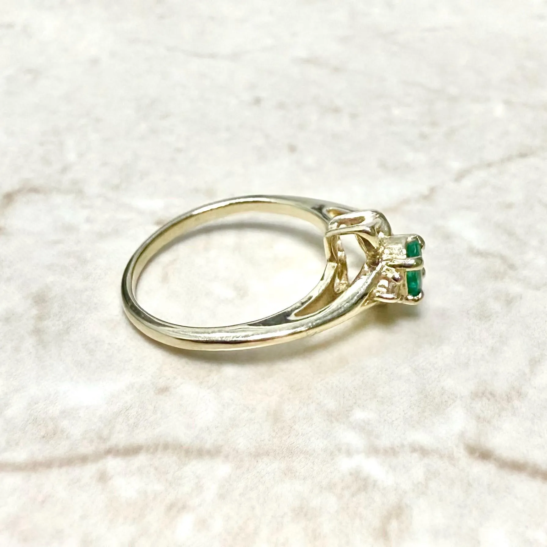 Vintage 14 Karat Yellow Gold Natural Emerald Solitaire Ring With Diamond Accent
