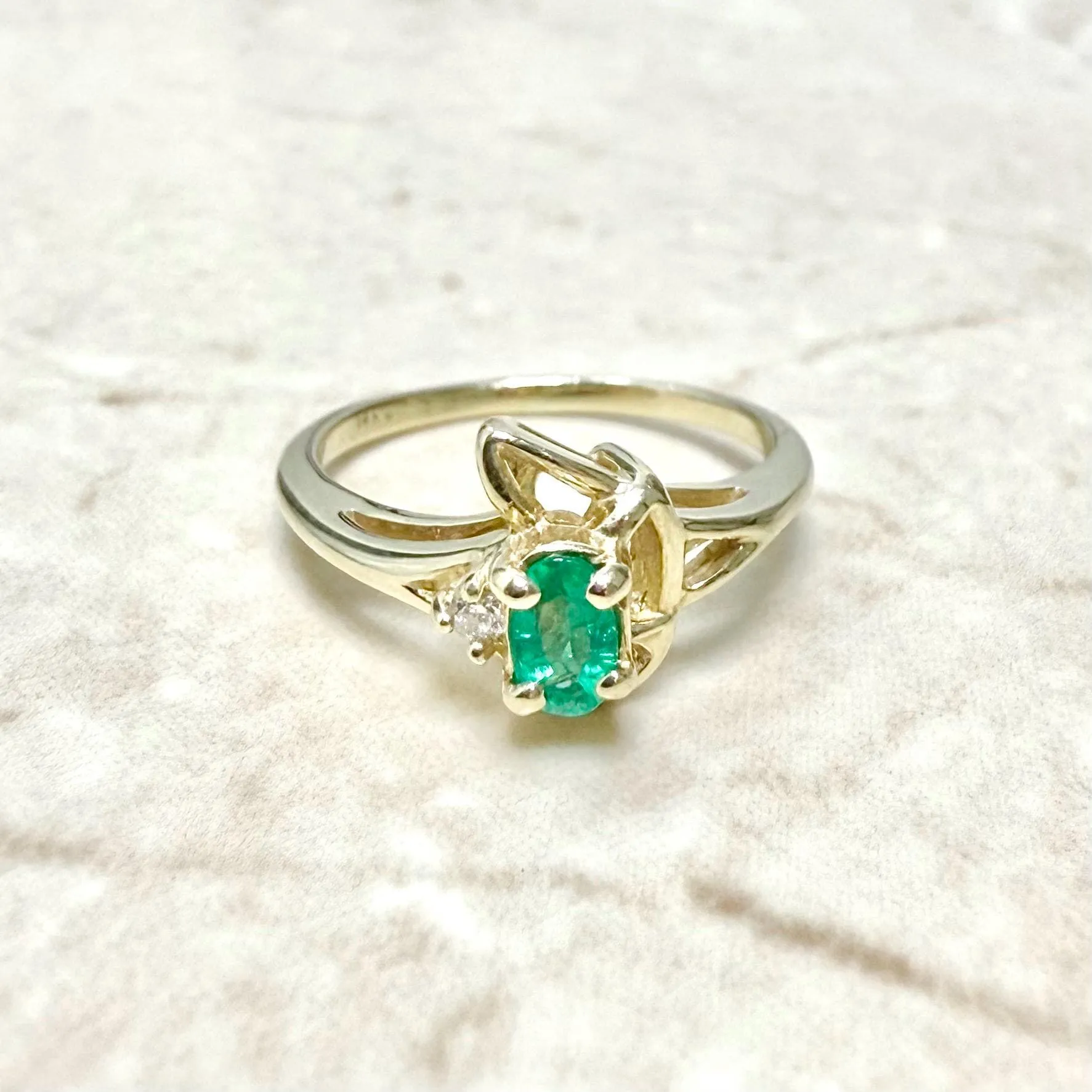 Vintage 14 Karat Yellow Gold Natural Emerald Solitaire Ring With Diamond Accent