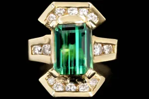 Vintage 14K Yellow Gold 1.6 CTR Green Tourmaline and Diamond Ring