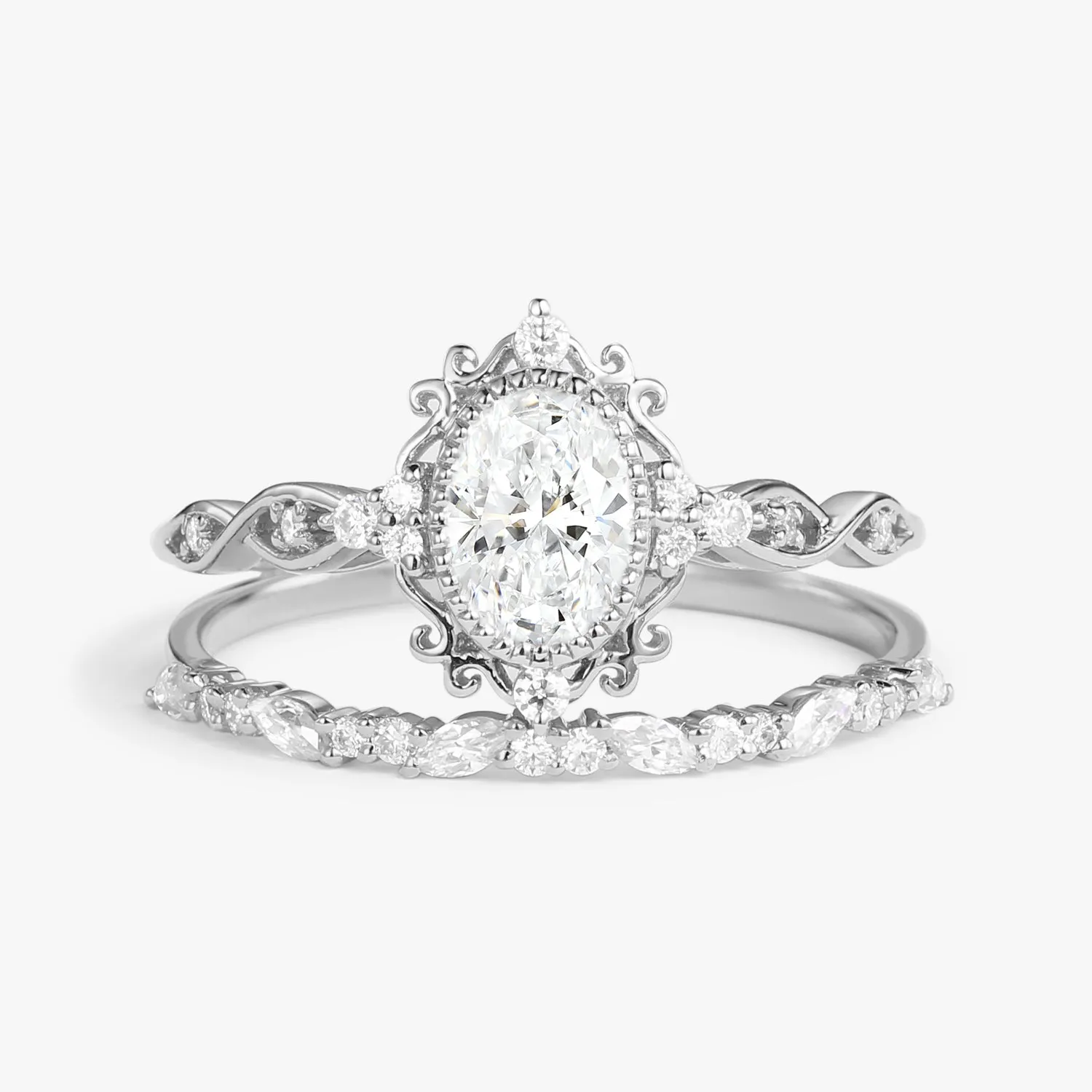 Vintage Victorian Oval Moissanite Infinity Engagement Ring Set 2pcs - Margaret