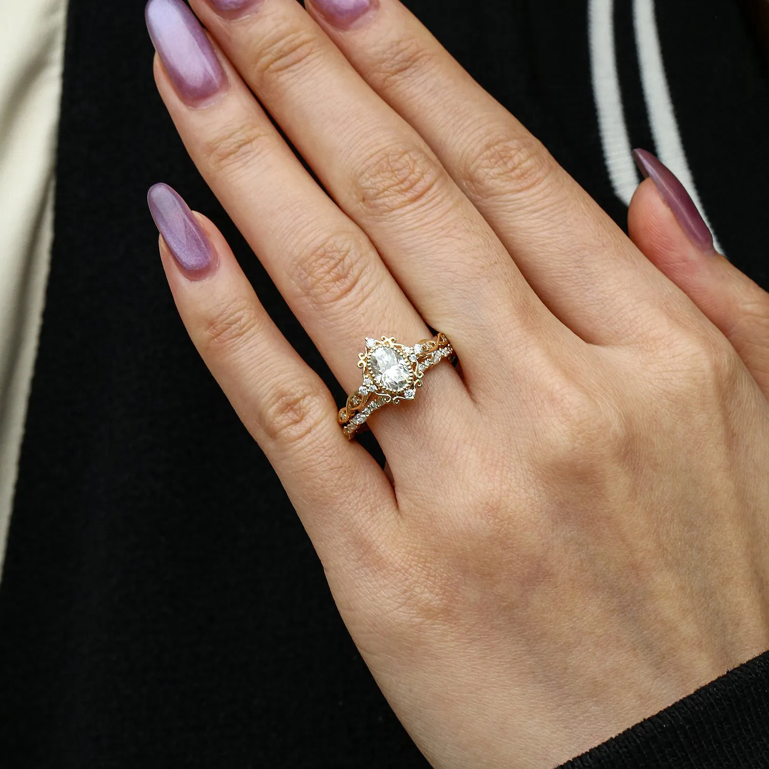 Vintage Victorian Oval Moissanite Infinity Engagement Ring Set 2pcs - Margaret