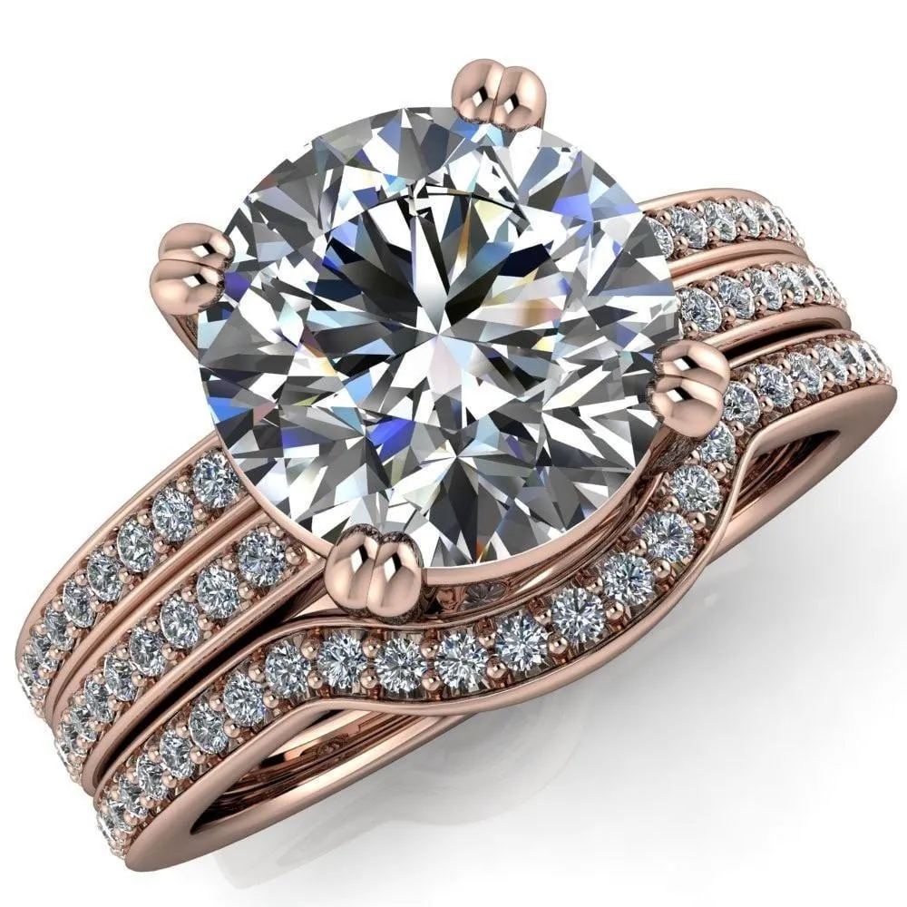 Viola Round Center Stone Double 4 Prong Double Diamond Sides Design Engagement Ring