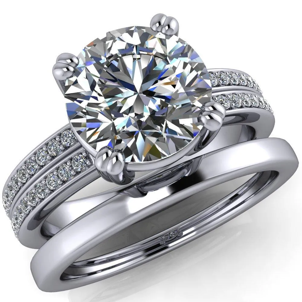 Viola Round Center Stone Double 4 Prong Double Diamond Sides Design Engagement Ring
