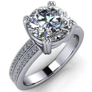 Viola Round Center Stone Double 4 Prong Double Diamond Sides Design Engagement Ring