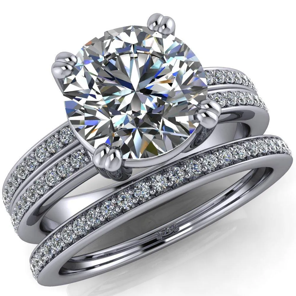 Viola Round Center Stone Double 4 Prong Double Diamond Sides Design Engagement Ring