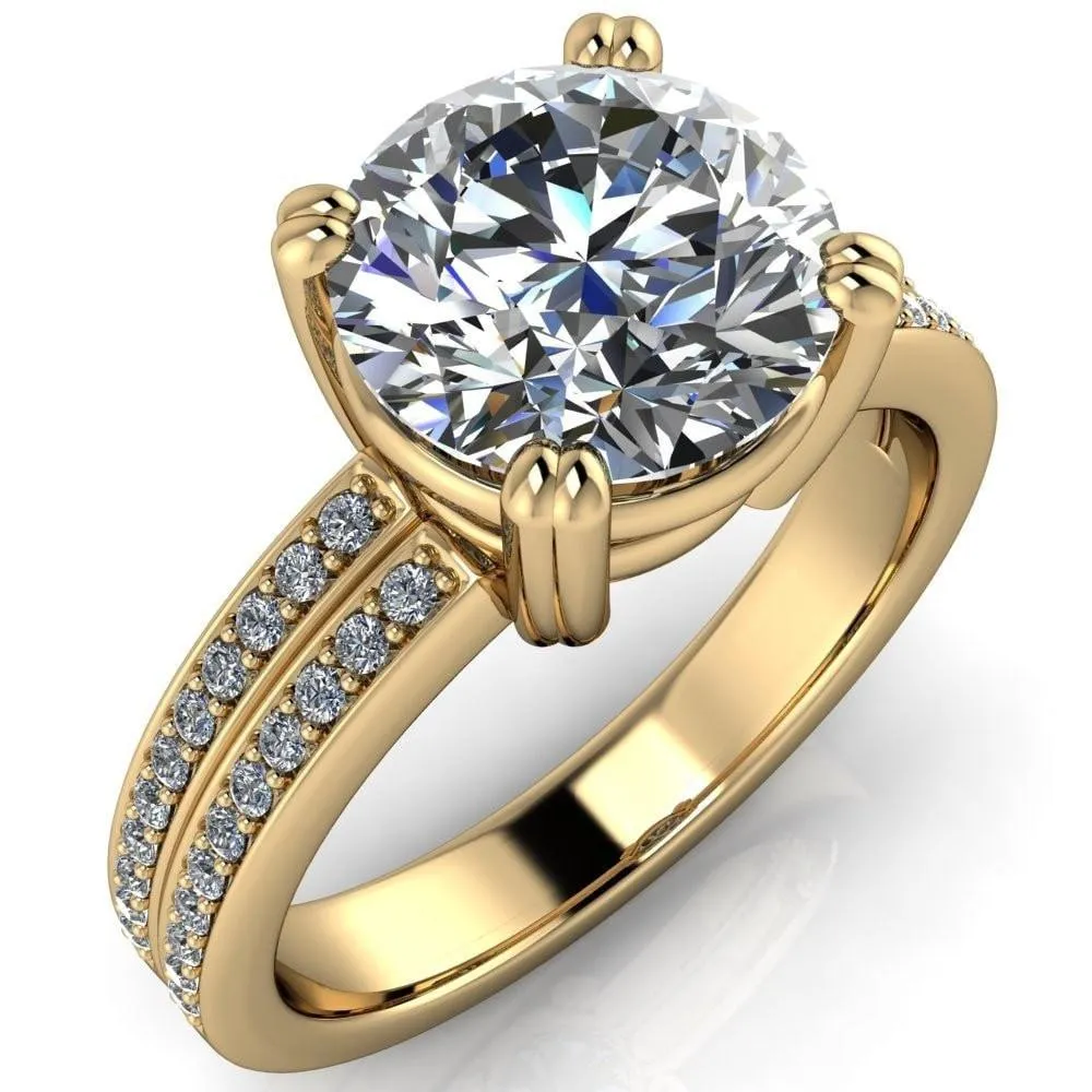 Viola Round Center Stone Double 4 Prong Double Diamond Sides Design Engagement Ring