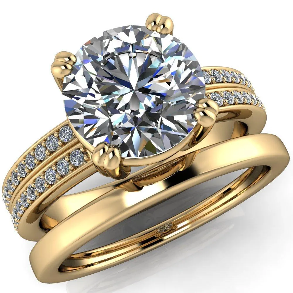 Viola Round Center Stone Double 4 Prong Double Diamond Sides Design Engagement Ring