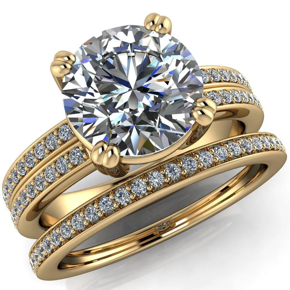 Viola Round Center Stone Double 4 Prong Double Diamond Sides Design Engagement Ring