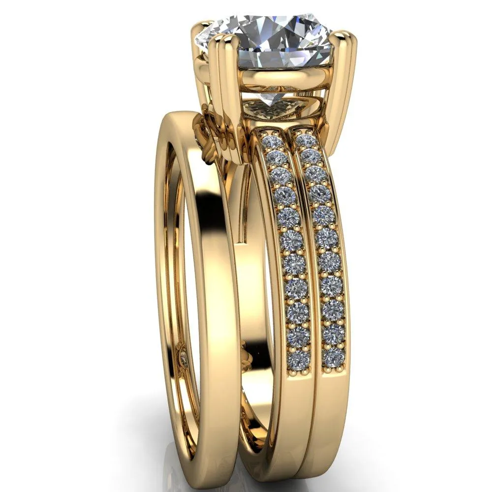 Viola Round Center Stone Double 4 Prong Double Diamond Sides Design Engagement Ring