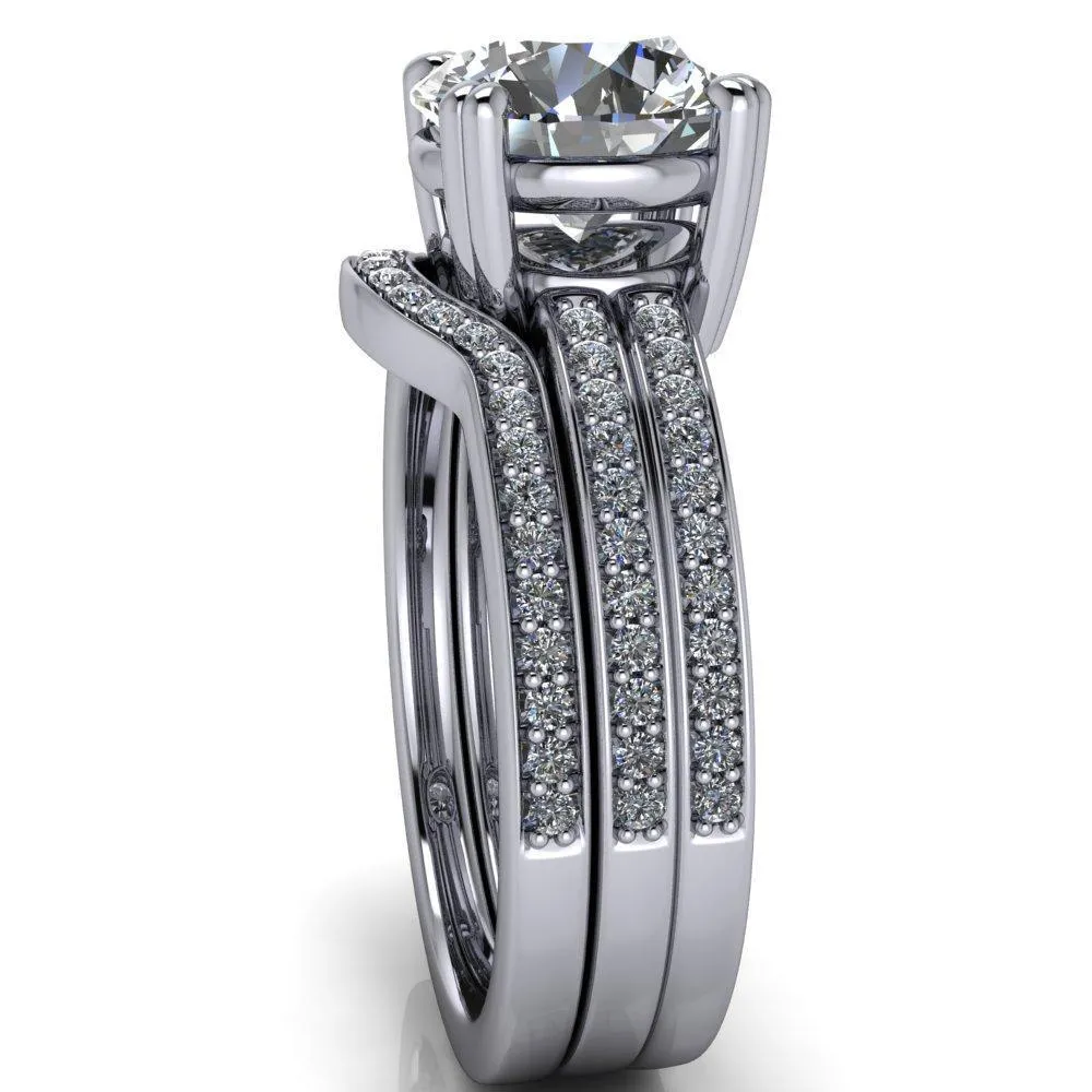 Viola Round Center Stone Double 4 Prong Double Diamond Sides Design Engagement Ring