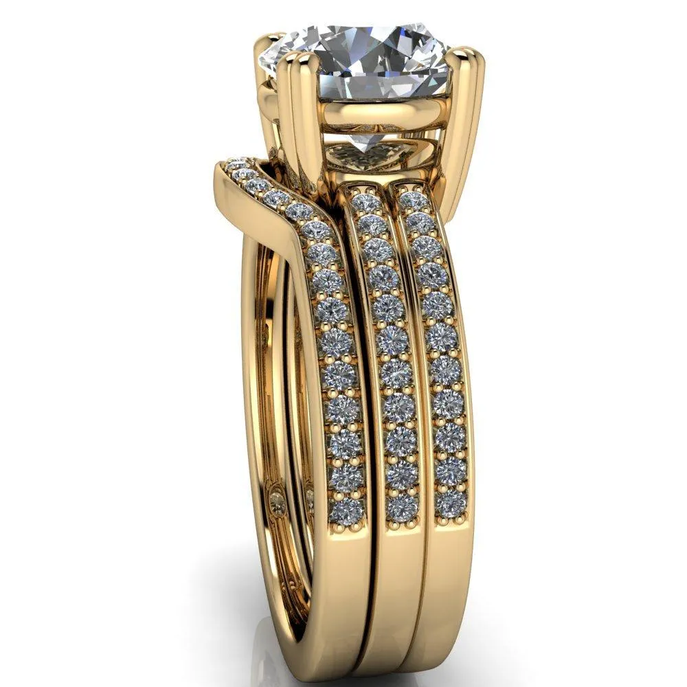 Viola Round Center Stone Double 4 Prong Double Diamond Sides Design Engagement Ring