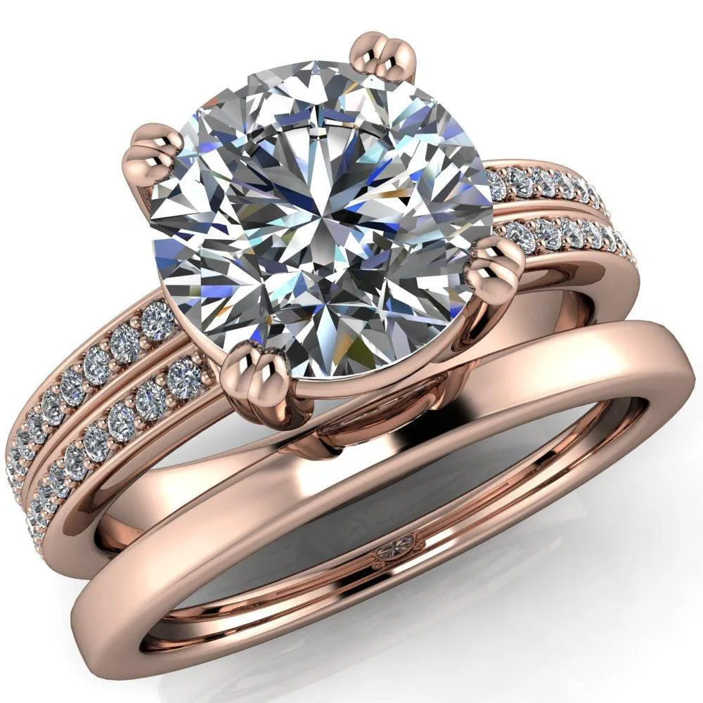 Viola Round Center Stone Double 4 Prong Double Diamond Sides Design Engagement Ring