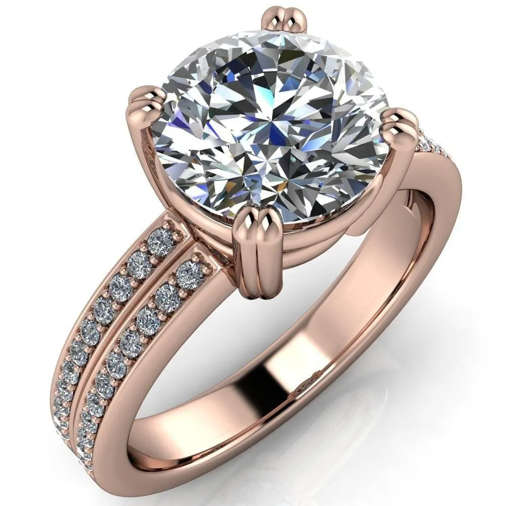 Viola Round Center Stone Double 4 Prong Double Diamond Sides Design Engagement Ring