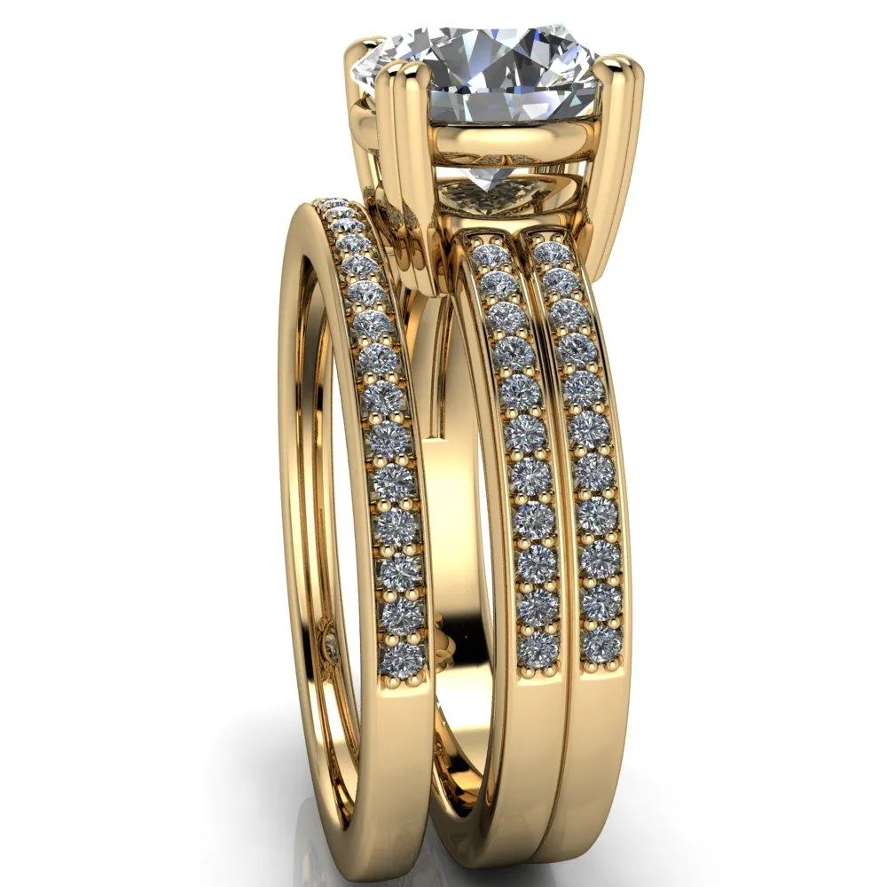 Viola Round Center Stone Double 4 Prong Double Diamond Sides Design Engagement Ring