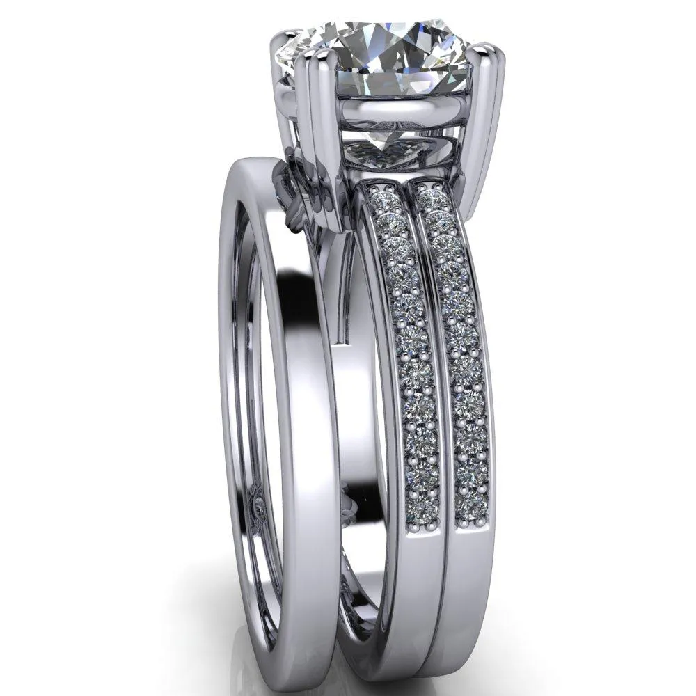 Viola Round Center Stone Double 4 Prong Double Diamond Sides Design Engagement Ring