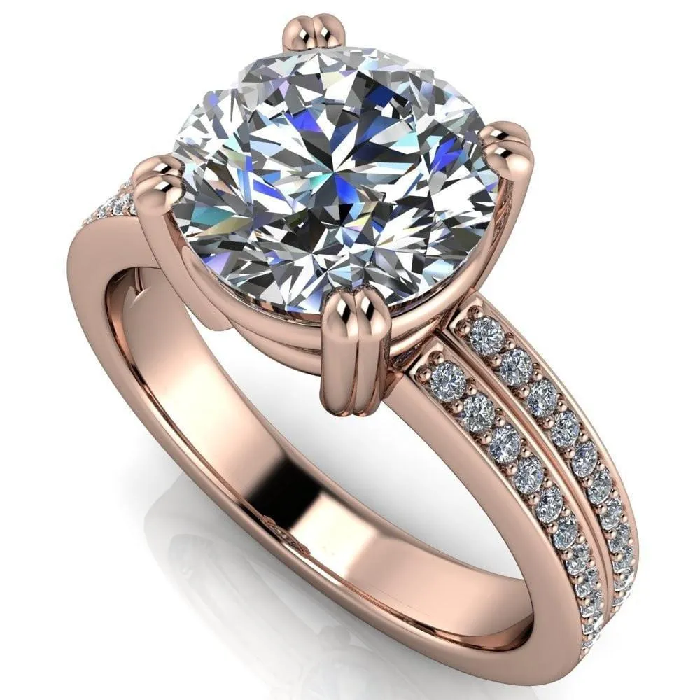 Viola Round Center Stone Double 4 Prong Double Diamond Sides Design Engagement Ring