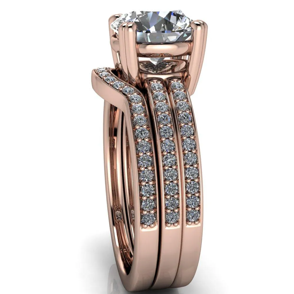 Viola Round Center Stone Double 4 Prong Double Diamond Sides Design Engagement Ring