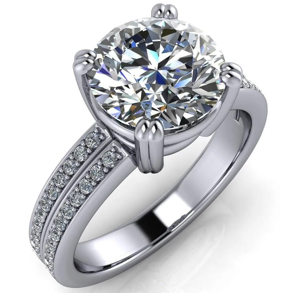 Viola Round Center Stone Double 4 Prong Double Diamond Sides Design Engagement Ring