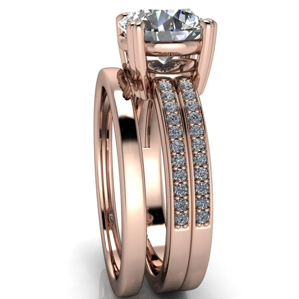 Viola Round Center Stone Double 4 Prong Double Diamond Sides Design Engagement Ring