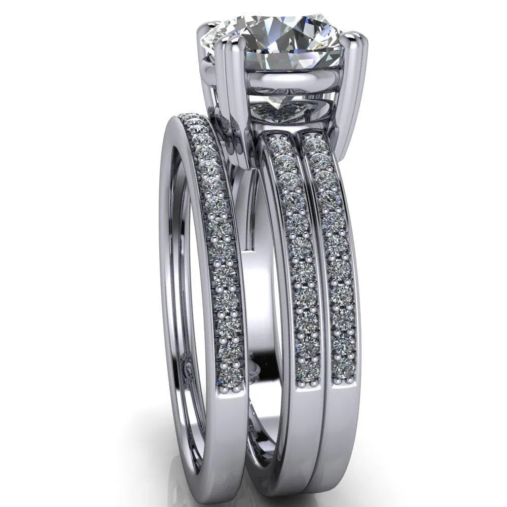 Viola Round Center Stone Double 4 Prong Double Diamond Sides Design Engagement Ring